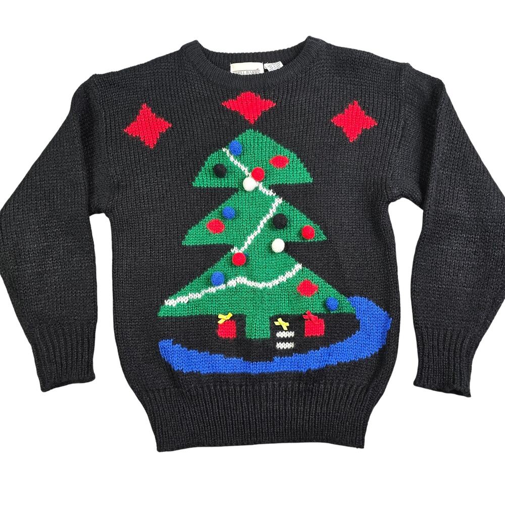 Vintage 90's Ugly Christmas Knit Sweater Women's Medium Black Tree‎ Ornaments
